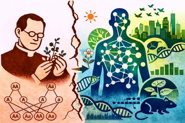 Illustration of genetics: plants and DNA structures, a human silhouette, cityscape, sun, and animals.